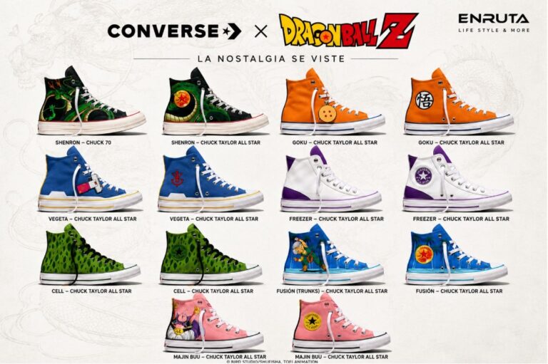 Colección Converse Dragon Ball Z con modelos inspirados en Goku, Vegeta, Shenlong, Cell, Majin Buu y Freezer.
