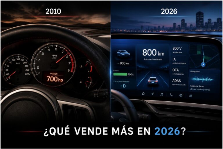 Ilustración que compara un tablero analógico con uno digital para mostrar cómo cambió la industria automotriz en 2026.