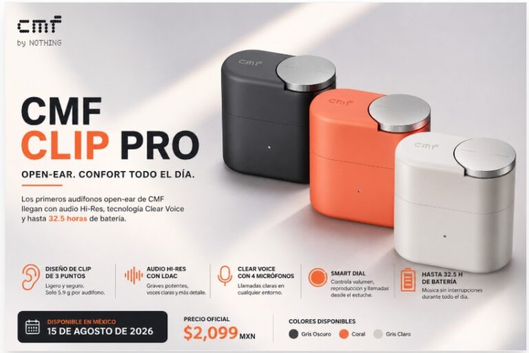 CMF Clip Pro con diseño open-ear, audio Hi-Res, Bluetooth 5.4 y hasta 32.5 horas de batería.