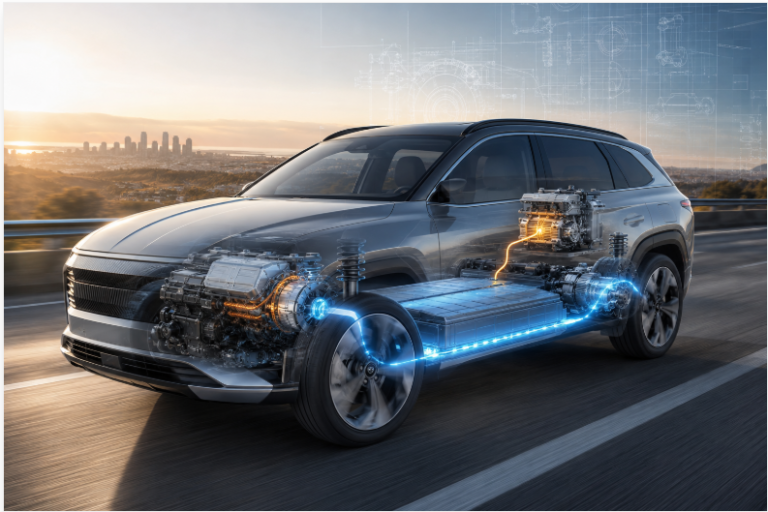 SUV electrificada con vista técnica de batería, motor eléctrico y generador de rango extendido
