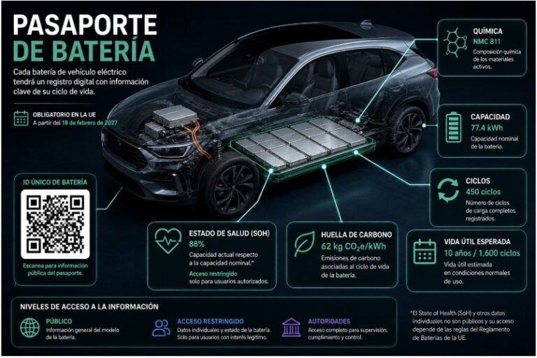 Batería de un auto eléctrico representada con información de su pasaporte digital y código QR