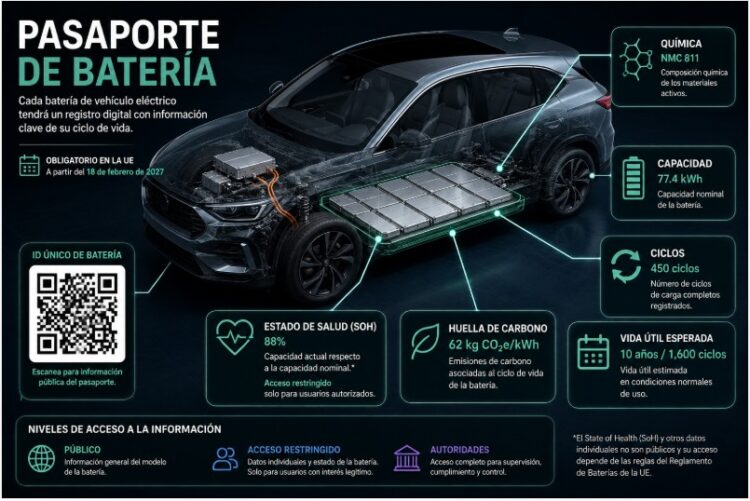 Batería de un auto eléctrico representada con información de su pasaporte digital y código QR