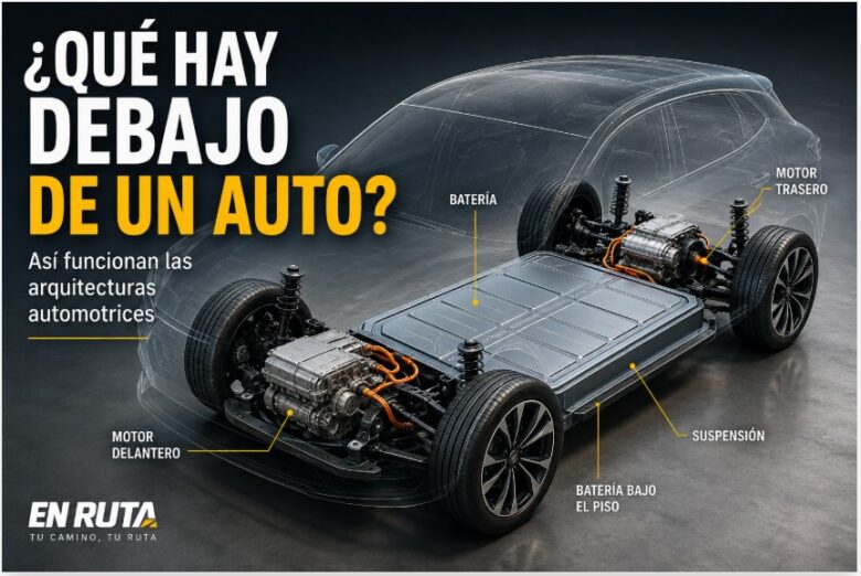 Plataforma de un automóvil eléctrico mostrando batería, motores, ruedas y estructura