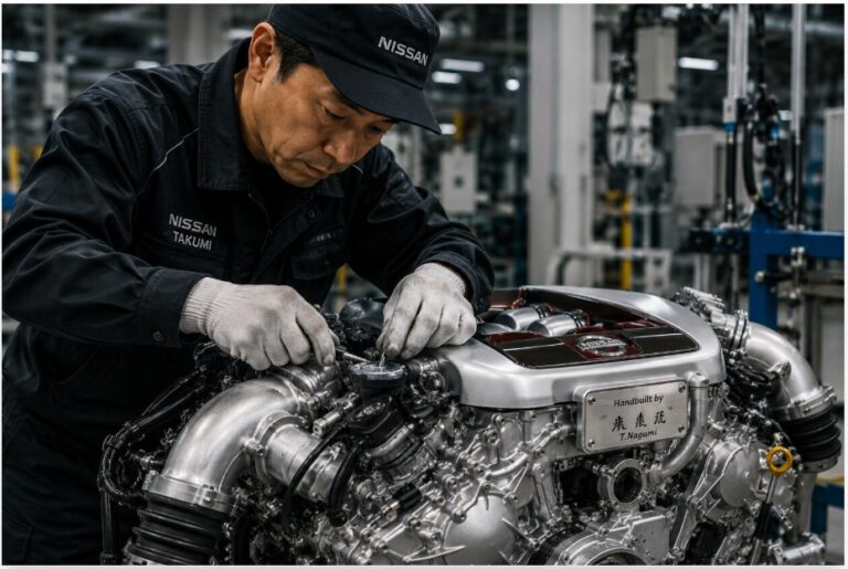 Maestro Takumi durante el ensamble del motor VR38DETT del Nissan GT-R