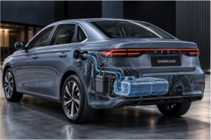 Geely Emgrand con representación del tanque y sistema de ventilación involucrados en la campaña de servicio