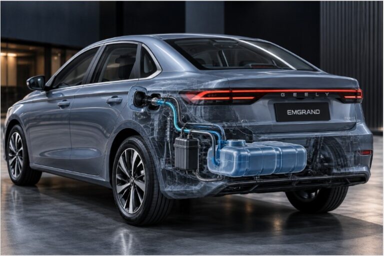 Geely Emgrand con representación del tanque y sistema de ventilación involucrados en la campaña de servicio