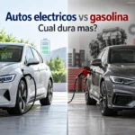 Auto eléctrico cargando junto a un auto de gasolina para comparar duración y mantenimiento