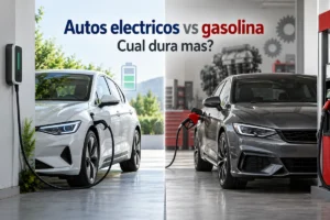 Auto eléctrico cargando junto a un auto de gasolina para comparar duración y mantenimiento