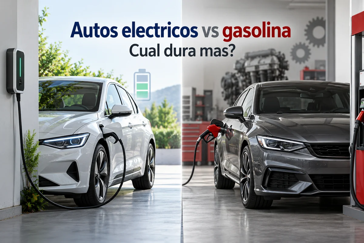 Auto eléctrico cargando junto a un auto de gasolina para comparar duración y mantenimiento