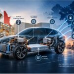 Vehículo eléctrico transparente con batería y componentes internos entre una planta automotriz de México y una cadena de suministro asiática.
