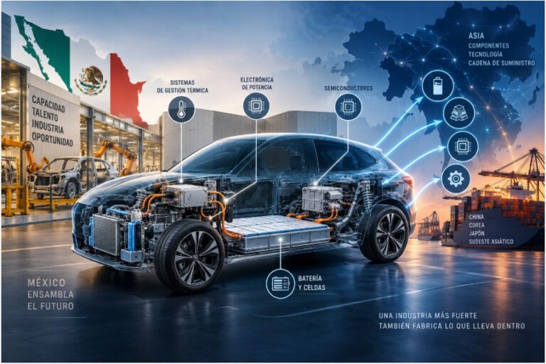 Vehículo eléctrico transparente con batería y componentes internos entre una planta automotriz de México y una cadena de suministro asiática.