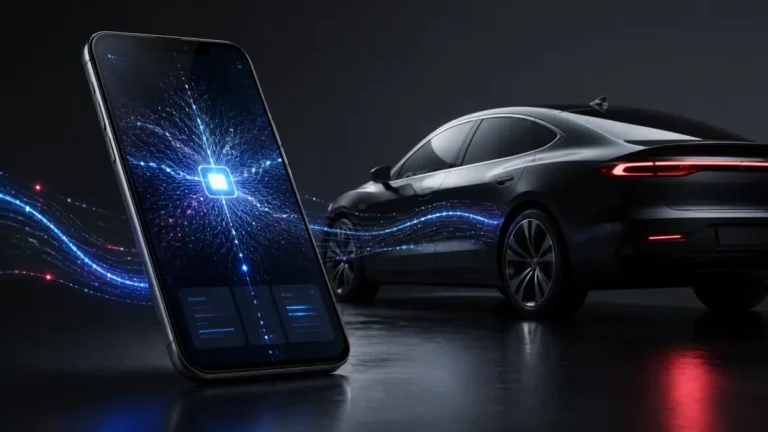 Smartphone con inteligencia artificial conectado digitalmente con un automóvil