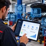 Mecánico utilizando herramientas digitales e inteligencia artificial en un taller automotriz