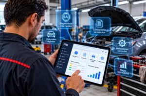 Mecánico utilizando herramientas digitales e inteligencia artificial en un taller automotriz