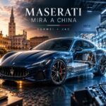 Maserati junto a elementos tecnológicos y una fábrica que representan las conversaciones con Huawei y JAC.