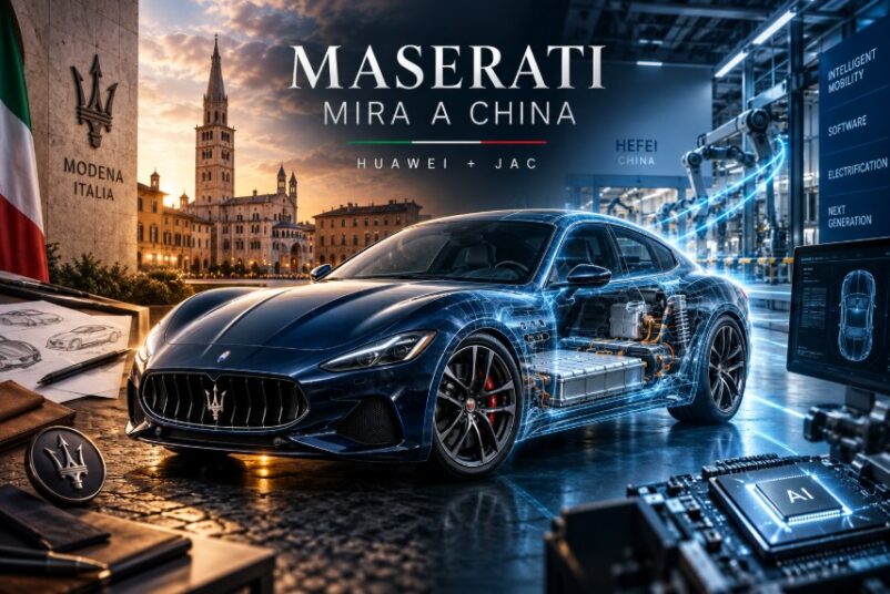 Maserati junto a elementos tecnológicos y una fábrica que representan las conversaciones con Huawei y JAC.