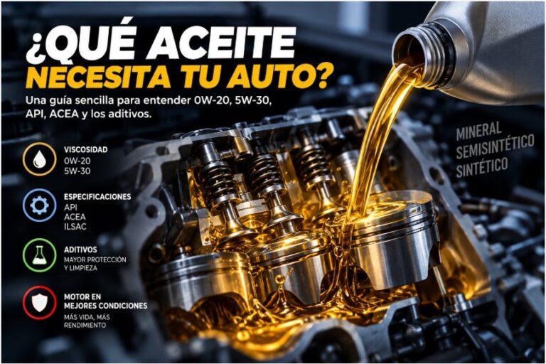 Diferentes aceites de motor 0W-20 y 5W-30 para explicar viscosidad y especificaciones