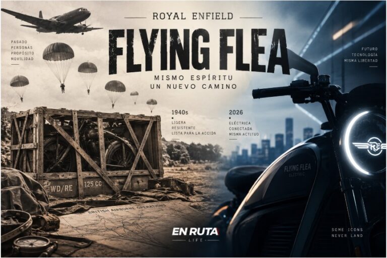 Ilustración de la evolución de Royal Enfield Flying Flea desde la motocicleta militar hasta su nueva etapa eléctrica