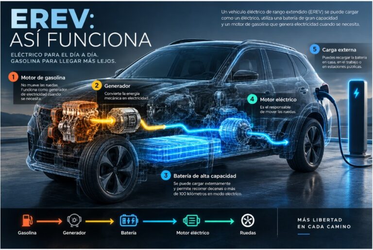 Vehículo eléctrico de rango extendido con batería, motor eléctrico y generador de gasolina