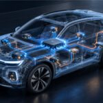 Ilustración de un automóvil con controladores electrónicos conectados por zonas a una computadora central