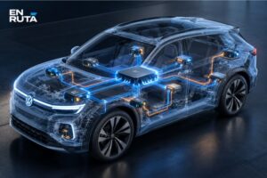 Ilustración de un automóvil con controladores electrónicos conectados por zonas a una computadora central