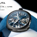 H. Moser & Cie. Streamliner Tourbillon Skeleton Ceramic Alpine Limited Edition con caja de cerámica gris, movimiento esqueletizado y correa azul.
