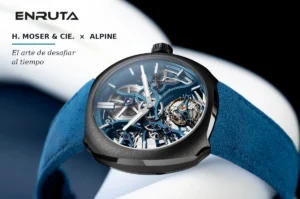 H. Moser & Cie. Streamliner Tourbillon Skeleton Ceramic Alpine Limited Edition con caja de cerámica gris, movimiento esqueletizado y correa azul.