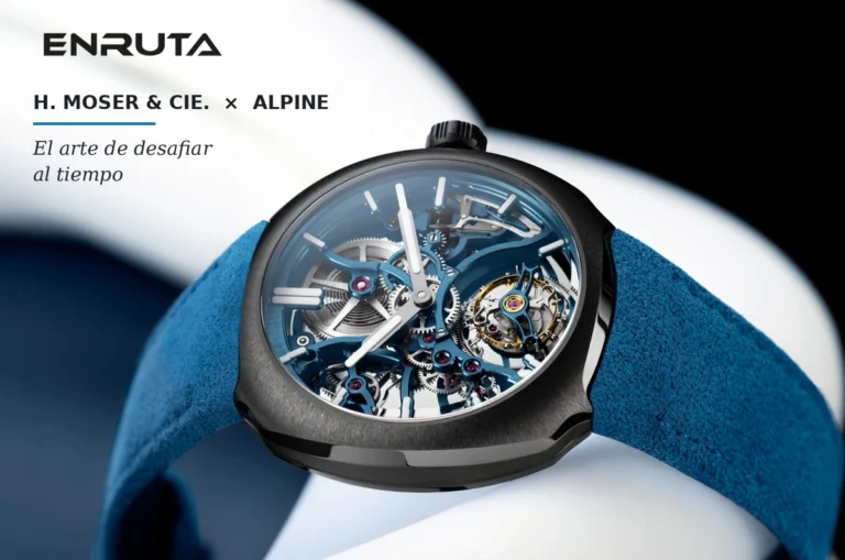H. Moser & Cie. Streamliner Tourbillon Skeleton Ceramic Alpine Limited Edition con caja de cerámica gris, movimiento esqueletizado y correa azul.