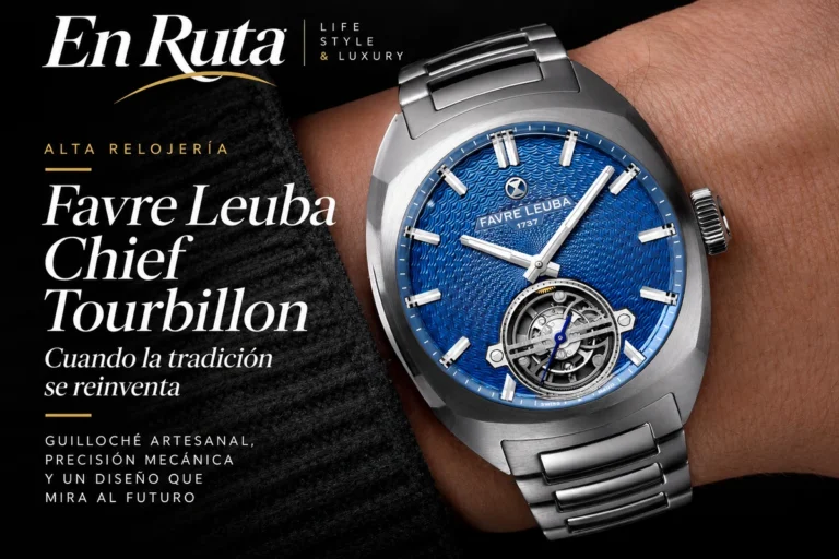 Favre Leuba Chief Tourbillon Guilloché con esfera azul artesanal y tourbillon a las seis, presentado en una caja de acero con brazalete integrado.