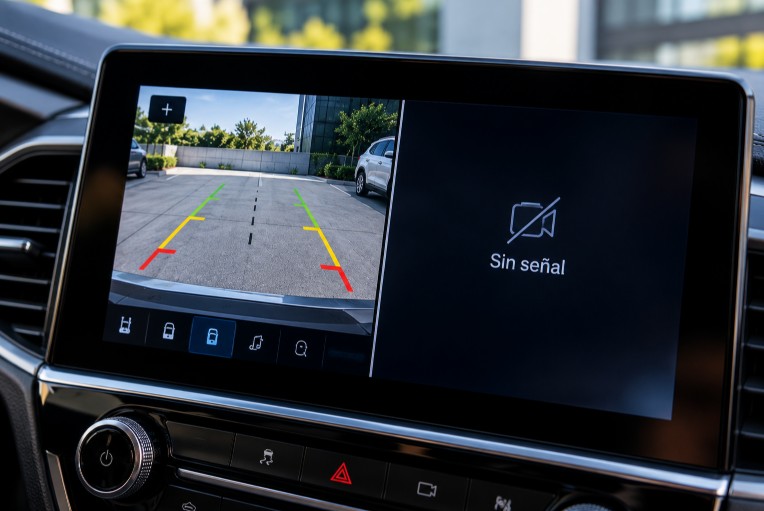 Pantalla central de un vehículo Ford con imagen de cámara de reversa