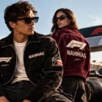 Imagen ilustrativa de moda inspirada en la Fórmula 1, con modelos que visten chamarras de estilo automovilístico en un circuito.