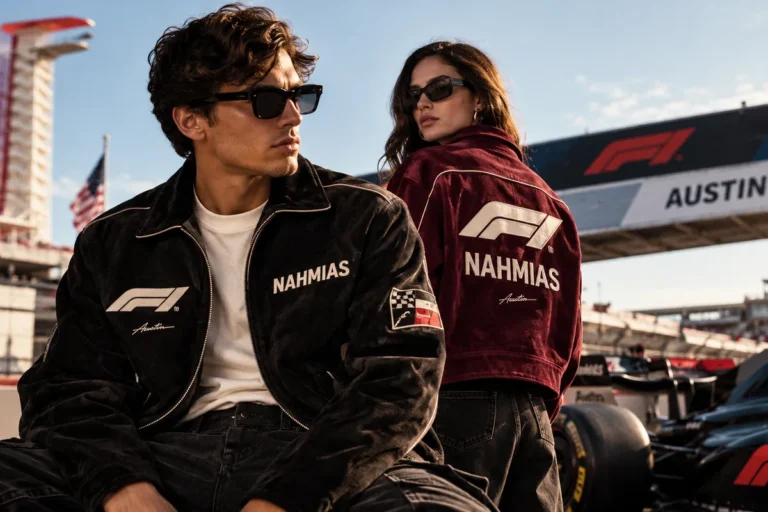Imagen ilustrativa de moda inspirada en la Fórmula 1, con modelos que visten chamarras de estilo automovilístico en un circuito.
