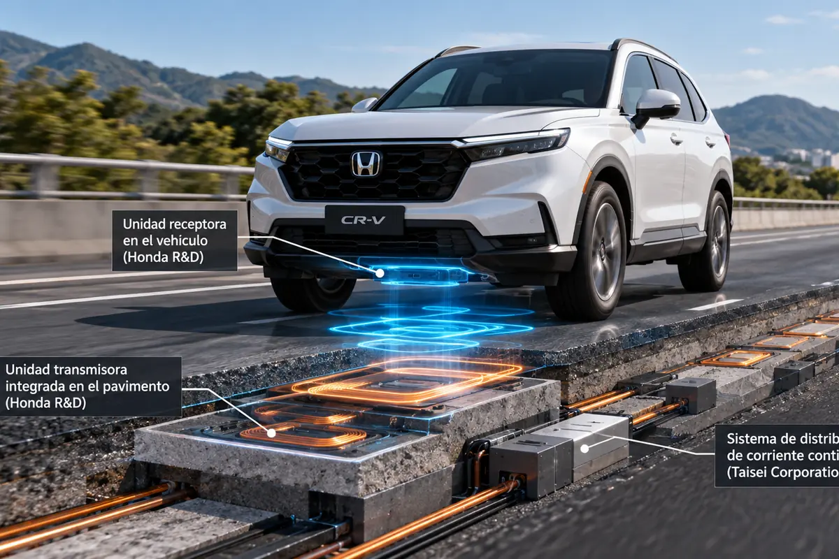 Diagrama del sistema de carga inalámbrica de Honda con transmisores instalados bajo el pavimento