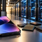 Smartphone frente a servidores y chips de memoria utilizados para inteligencia artificial