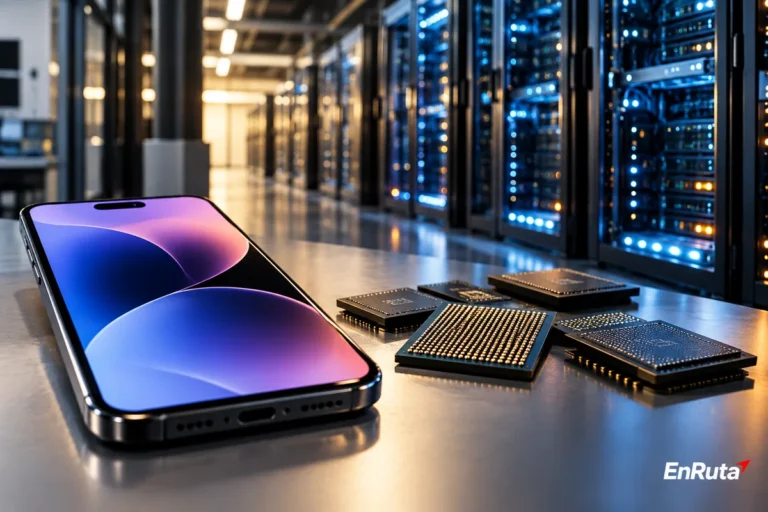 Smartphone frente a servidores y chips de memoria utilizados para inteligencia artificial