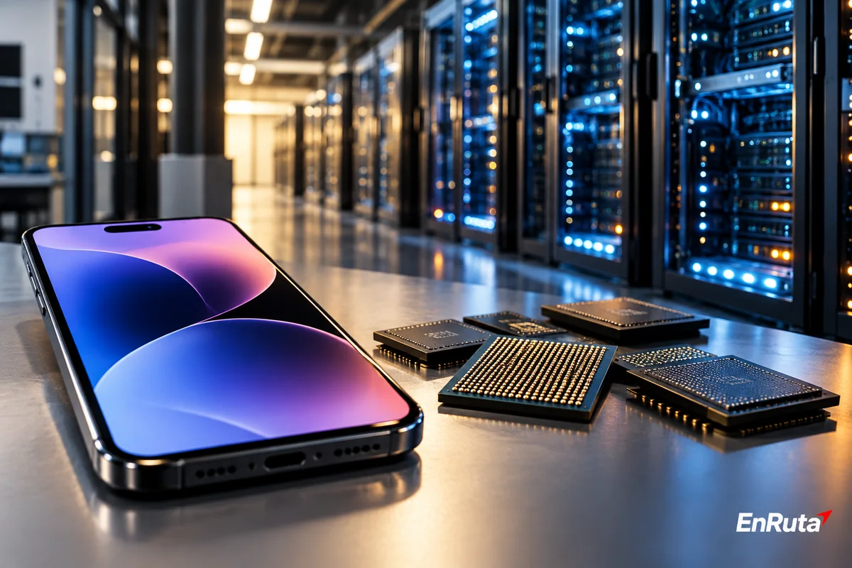 Smartphone frente a servidores y chips de memoria utilizados para inteligencia artificial