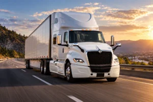 Camión International en carretera, marca que utiliza tecnología para reducir los tiempos de mantenimiento preventivo.