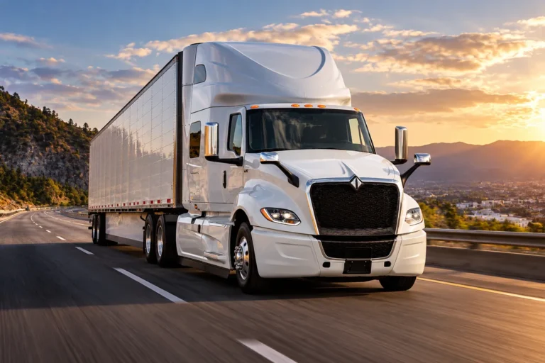 Camión International en carretera, marca que utiliza tecnología para reducir los tiempos de mantenimiento preventivo.