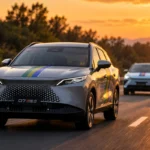 OMODA 7 SHS-H gris circulando por carretera durante una prueba de tecnología híbrida