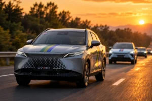 OMODA 7 SHS-H gris circulando por carretera durante una prueba de tecnología híbrida