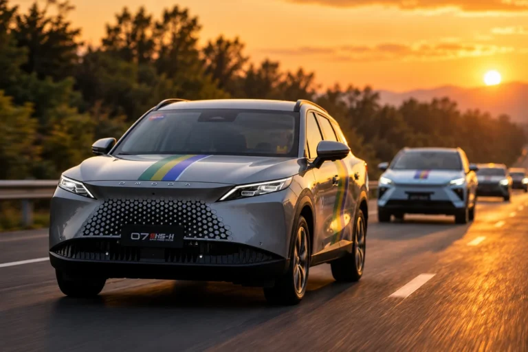 OMODA 7 SHS-H gris circulando por carretera durante una prueba de tecnología híbrida
