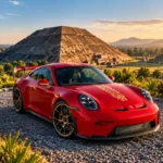 Porsche 911 GT3 La Serpiente rojo con detalles dorados frente a una pirámide de Teotihuacán