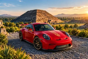 Porsche 911 GT3 La Serpiente rojo con detalles dorados frente a una pirámide de Teotihuacán