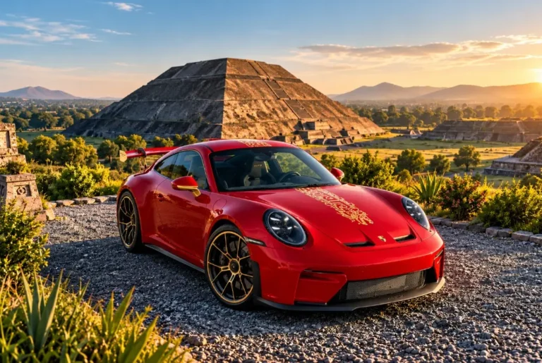Porsche 911 GT3 La Serpiente rojo con detalles dorados frente a una pirámide de Teotihuacán
