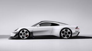 Vista frontal de tres cuartos del Porsche Mission S en Nueva York, concepto que adelanta la futura identidad de diseño de Porsche.