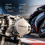 Ilustración de una motocicleta eléctrica y un sistema de transmisión de dos velocidades.