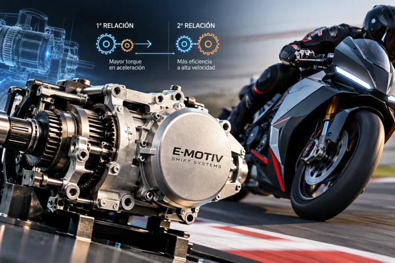 Ilustración de una motocicleta eléctrica y un sistema de transmisión de dos velocidades.