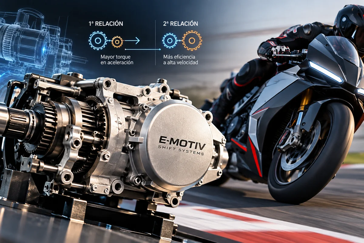 Ilustración de una motocicleta eléctrica y un sistema de transmisión de dos velocidades.